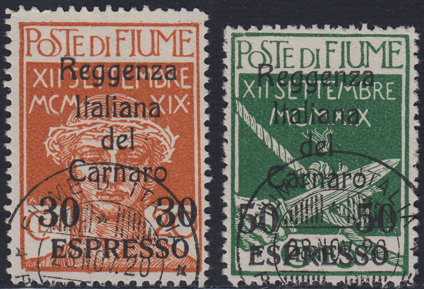 Lotto 393 - 1920 - Legionari soprastampati Reggenza Italiana del Carnaro, Espressi, serie dei due valori usati (E3, E4)