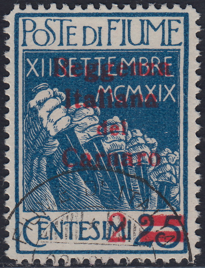 Lotto 394 - 1920 - Legionari soprastampati Reggenza Italiana del Carnaro, c. 2 su c. 25 azzurro usato, variante di colore (132a)