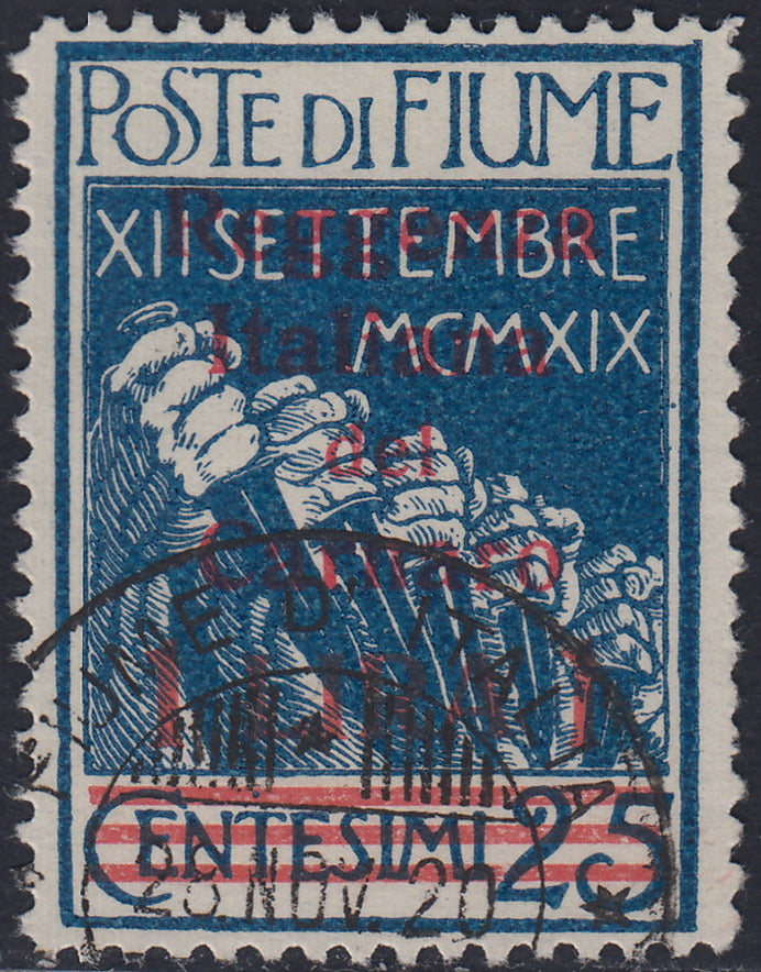 Lotto 395 - 1920 - Legionari soprastampati Reggenza Italiana del Carnaro, c. 25 indaco soprastampa in nero usato (148)