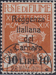 Lotto 396 - 1920 - Legionari soprastampati Reggenza Italiana del Carnaro, L 10 su c 20 ocra cifre strette usato (146A).