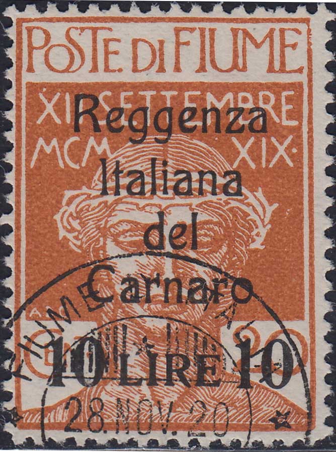 Lotto 396 - 1920 - Legionari soprastampati Reggenza Italiana del Carnaro, L 10 su c 20 ocra cifre strette usato (146A).