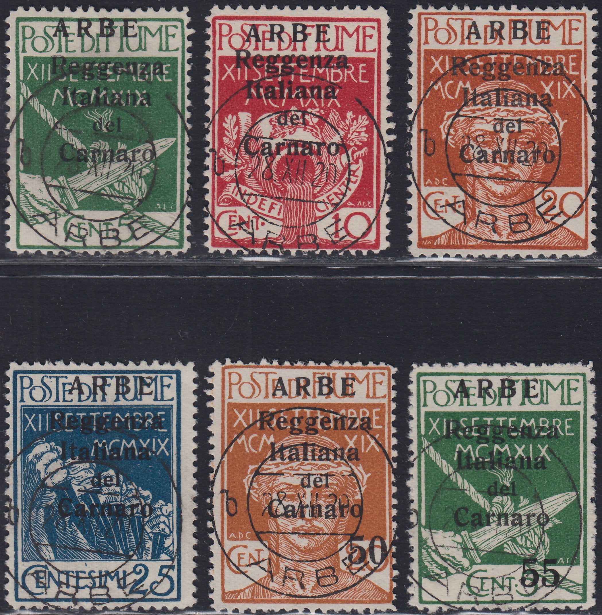 Lotto 408 - 1920 - Francobolli della Reggenza italiana del Carnaro soprastampati ARBE caratteri piccoli, serie completa usata (5/10).