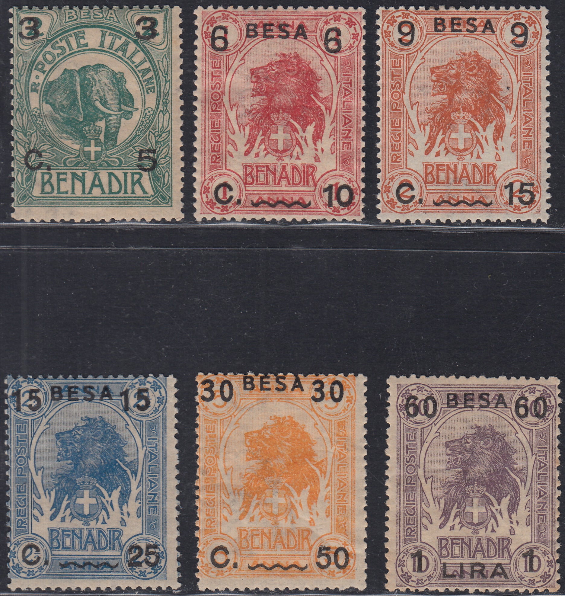Lotto 429 - 1922 - Leoni ed Elefanti, serie soprastampata in besa di sei valori nuovi gomma integra (24/29)