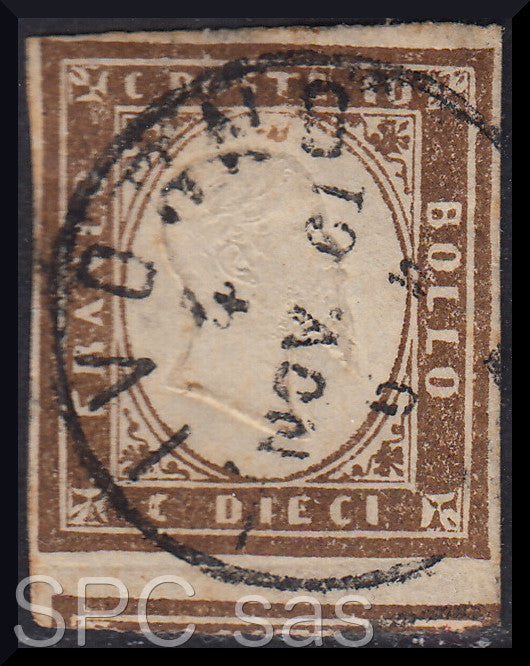 PU688 - 1861 - IV emissione c. 10 bruno cioccolato scuro I tavola usato Livorno 4/11/61 (14Ce)