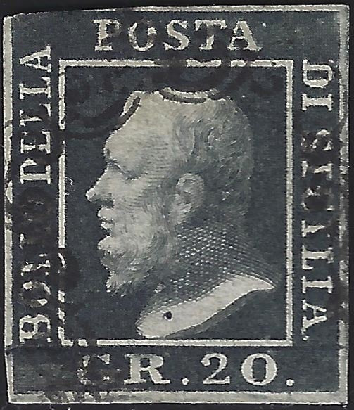 PV1105 - 1859 - 20 grana ardesia scuro carta di Napoli usato (13c)