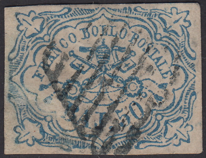 1852 - 1st issue 50 blue baj used with grid cancellation, slight transparencies and repainted. (10)