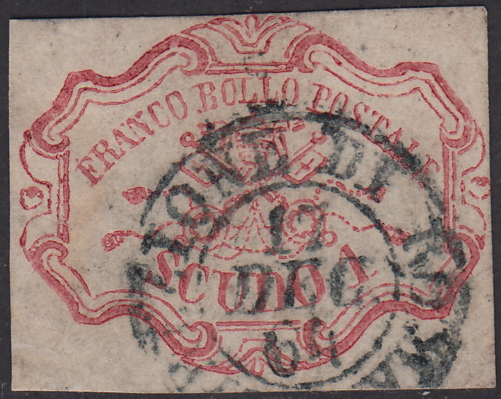 PV1251 - 1852 - Stemma pontificio, 1 scudo carminio usato con annullo circolare DIrezione di Roma 17/12/64 (11)