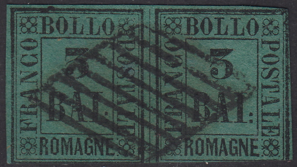 1859 - 3 pares horizontales baj verde oscuro usados ​​con cancelación de cuadrícula (4)