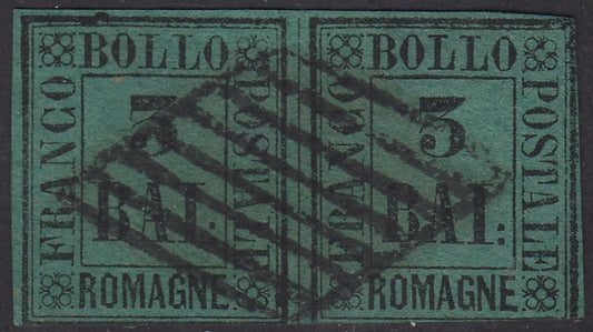 1859 - 3 baj verde scuro coppia orizzontale usata con annullo a griglia (4)