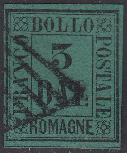 1859 - 3 baj verde scuro usato con annullo a griglia (4)