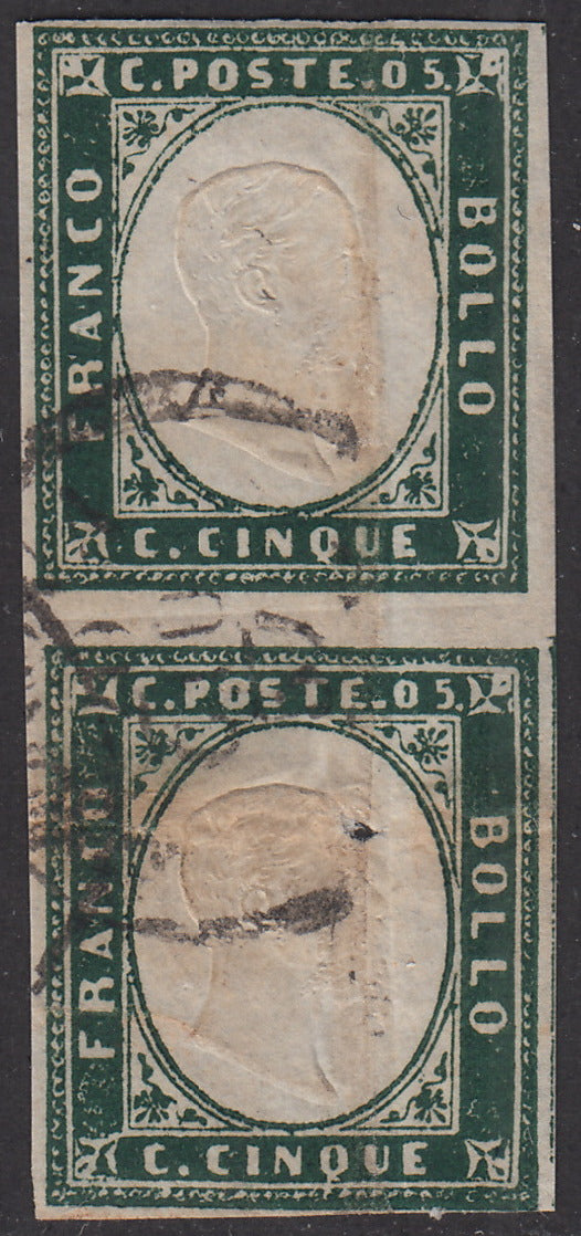 PV1441 - 1857 - Sardegna IV emissione c. 5 verde mirto scuro I composizione coppia verticale usata (13Ab)