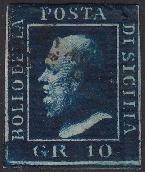 PV1509 - 1858 - Regno di Sicilia 10 grana azzurro cupo carta di Napoli usato (12).
