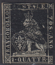 PV1518 - 1851 Leone di Marzocco, 1 quattrino nero su carta grigia e filigrana corona, usato (1)