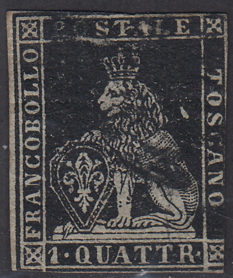 PV1518 - 1851 Leone di Marzocco, 1 quattrino nero su carta grigia e filigrana corona, usato (1)