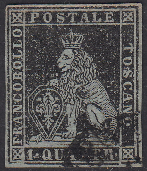 PV1518 - 1851 - Leone di Marzocco, 1 quattrino nero su carta azzurra filigrana corona usato (1a)