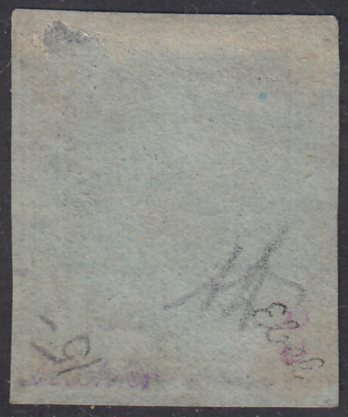 PV1518 - 1851 - Leone di Marzocco, 1 quattrino nero su carta azzurra filigrana corona usato (1a)