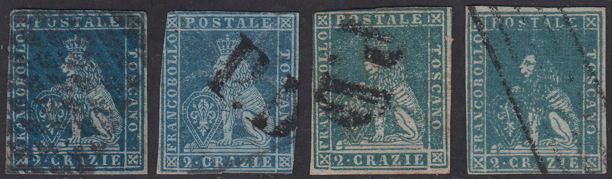 PV1595 - 1851 - Toscana 2 crazie usato in quattro colori differenti (5a, 5b, 5c, 5f)
