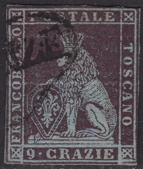PV1694 - 1851 - Leone di Marzocco, 9 crazie viola bruno scurissimo su carta azzurra e filigrana corona, usato (8a)