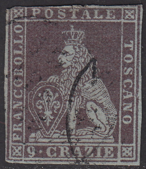 PV1700 - 1851 - Leone di Marzocco, 9 crazie bruno violaceo su carta azzurra e filigrana corona usato (8b)