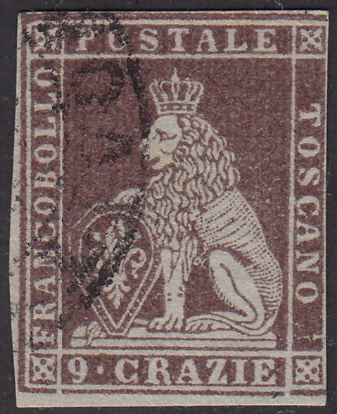 PV1707 - 1851 - Leone di Marzocco, 9 crazie bruno violaceo chiaro su carta grigia e filigrana corona usata (8)