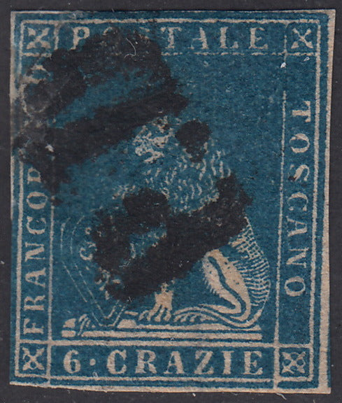 PP1783- 1857 - Leone di Marzocco, 6 crazie azzurro vivo su carta bianca e filigrana linee ondulate usata, difetti. (15a).