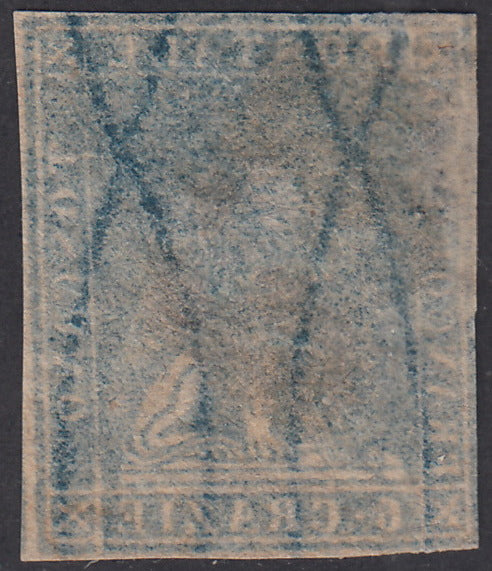 PP1783- 1857 - Leone di Marzocco, 6 crazie azzurro vivo su carta bianca e filigrana linee ondulate usata, difetti. (15a).