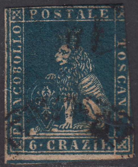 PV1786 - 1857 - Leone di Marzocco, 6 crazie azzurro cupo su carta bianca e filigrana linee ondulate usato (15b)