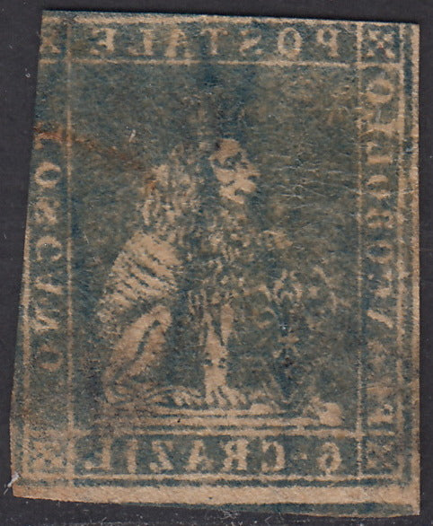 PV1786 - 1857 - Leone di Marzocco, 6 crazie azzurro cupo su carta bianca e filigrana linee ondulate usato (15b)