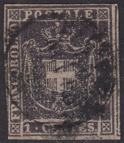 PV1796 - 1860 - Shield of Savoy surmounted by Royal Crown, c. 1 used brown violet. (17)