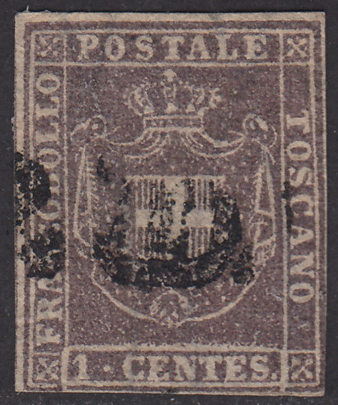 1860 - Scudo di Savoia sormontato da Corona Reale, c. 1 bruno lilla usato. (17b)