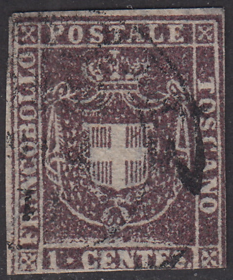 PV1818 - 1860 - Scudo di Savoia sormontato da Corona Reale, c. 1 violetto bruno usato. (17)