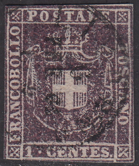 1860 - Scudo di Savoia sormontato da Corona Reale, c. 1 violetto scuro usato. (17c)