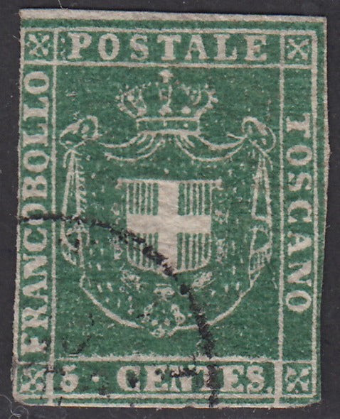 1860 - Scudo di Savoia sormontato da Corona Reale, c. 5 verde usato (18)