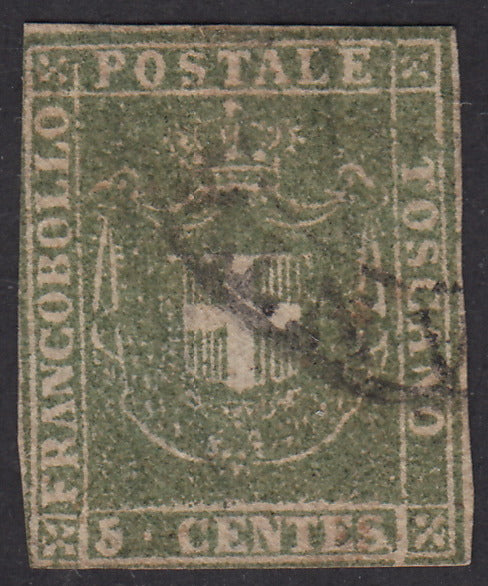 1860 - Scudo di Savoia sormontato da Corona Reale, c. 5 verde oliva usato (18a)