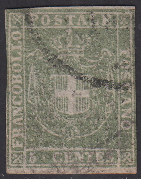 1860 - Scudo di Savoia sormontato da Corona Reale, c. 5 verde oliva giallastro usato (18b)