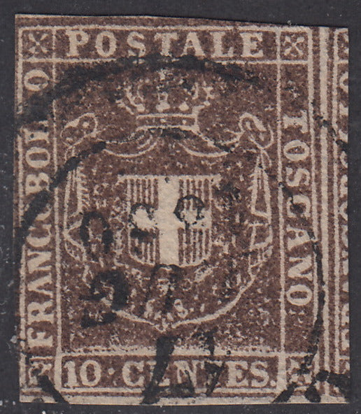 1860 - Scudo di Savoia sormontato da Corona Reale, c. 10 bruno usato (19).