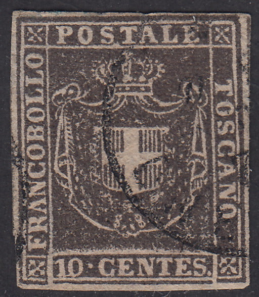 PV1862 - 1860 - Scudo di Savoia sormontato da Corona Reale, c. 10 bruno usato (19a).