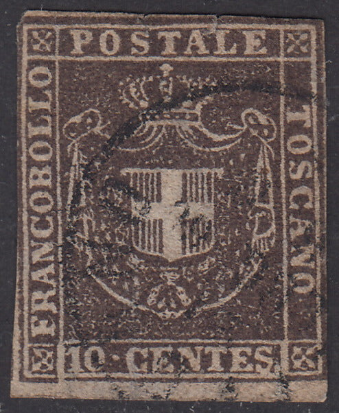 PV1863 - 1860 - Shield of Savoy surmounted by Royal Crown, c. 10 dark brown used (19b). 