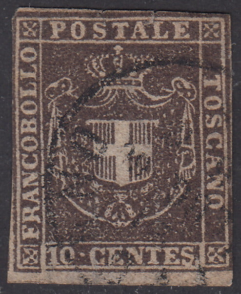 1860 - Scudo di Savoia sormontato da Corona Reale, c. 10 bruno scuro usato (19b).