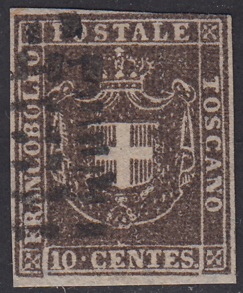 1860 - Scudo di Savoia sormontato da Corona Reale, c. 10 bruno grigio usato (19c).