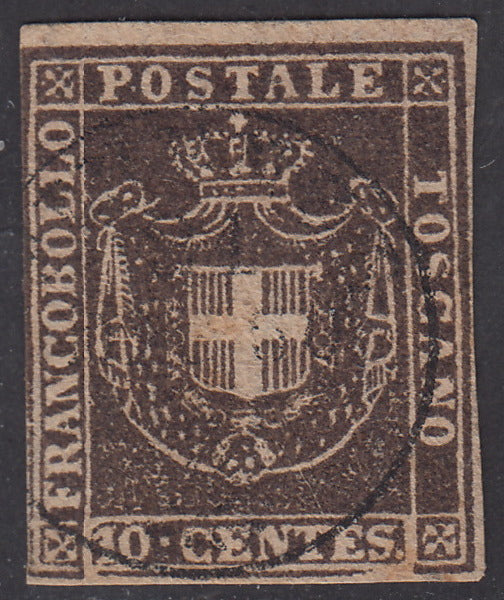 PV1871 - 1860 - Shield of Savoy surmounted by Royal Crown, c. 10 lilac brown used (19d). 