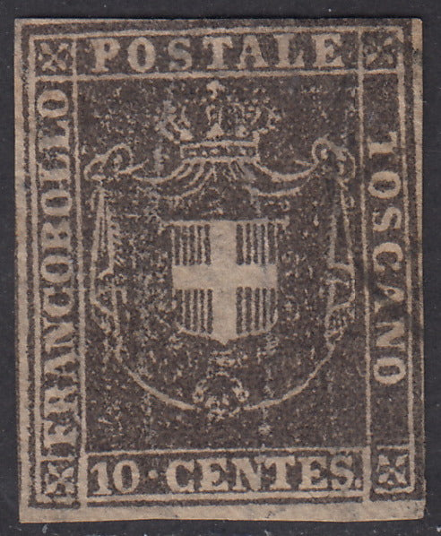 1860 - Scudo di Savoia sormontato da Corona Reale, c. 10 bruno cioccolato usato (19e).