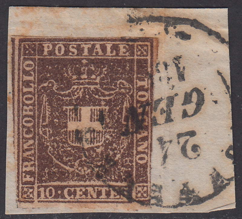 1860 - Scudo di Savoia sormontato da Corona Reale, c. 10 bruno rossiccio usato (19f).