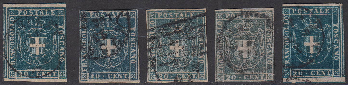 PV1881 - 1860 - Scudo di Savoia sormontato da Corona Reale, c. 20 nei cinque colori catalogati usati, confronto impeccabile. (20, 20a, 20b, 20c, 20d)