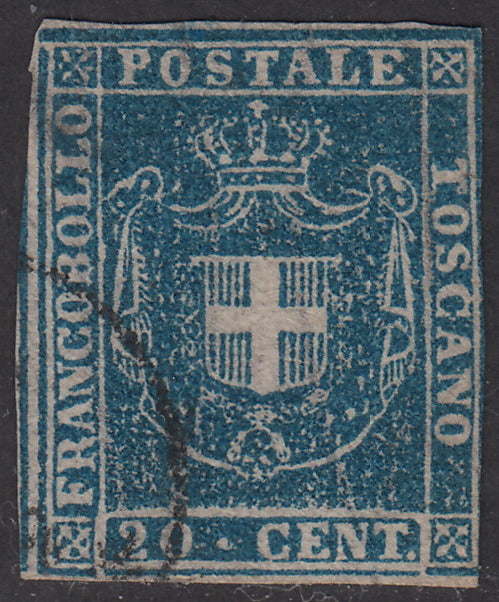 1860 - Scudo di Savoia sormontato da Corona Reale, c. 20 azzurro usato (20).