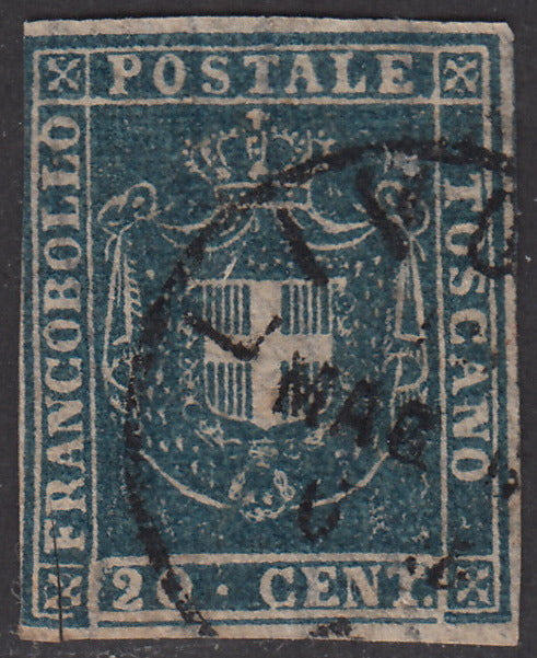 1860 - Scudo di Savoia sormontato da Corona Reale, c. 20 azzurro chiaro usato (20a).