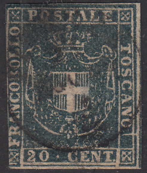 PV1895 - 1860 - Scudo di Savoia sormontato da Corona Reale, c. 20 azzurro grigio usato (20b).