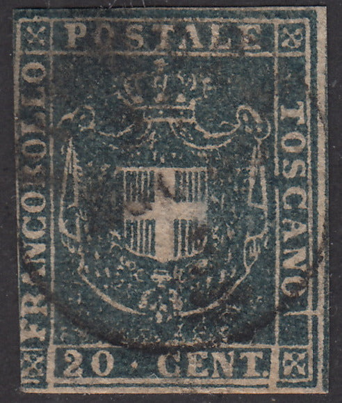 1860 - Scudo di Savoia sormontato da Corona Reale, c. 20 azzurro grigio usato (20b).