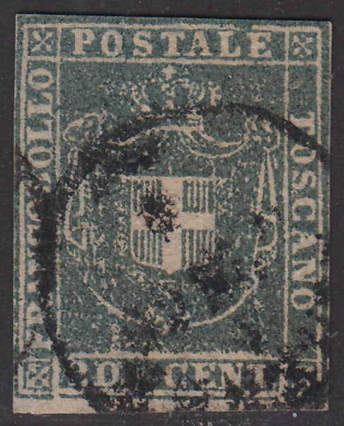 1860 - Scudo di Savoia sormontato da Corona Reale, c. 20 azzurro grigio verdastro chiaro usato (20c).