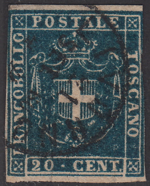 1860 - Scudo di Savoia sormontato da Corona Reale, c. 20 azzurro cupo usato (20d).